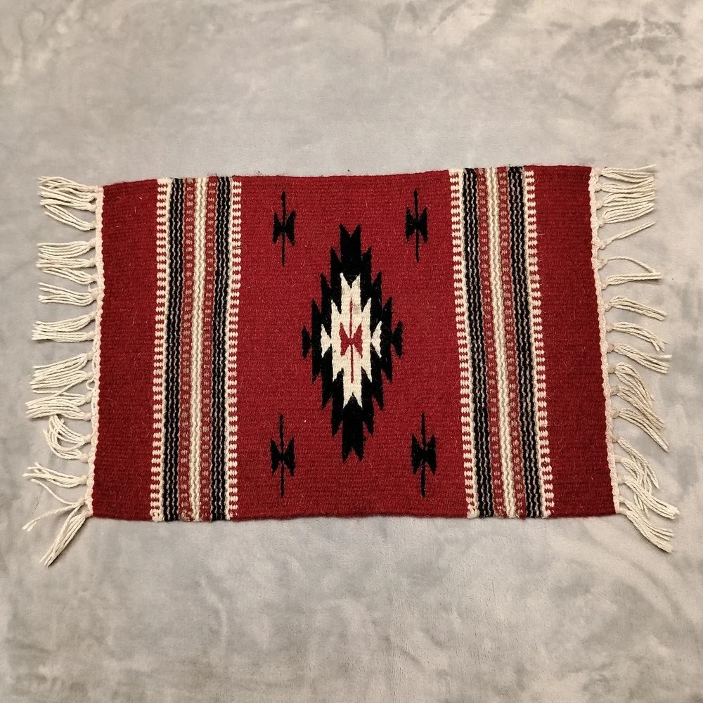 Vintage Handwoven Rug Small Red Southwest Wool Tapestry Table Runner Boho Tribal